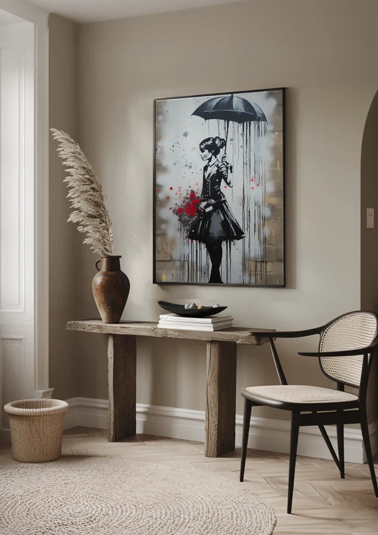 Elegant Lady with Umbrella and Red Roses Painting