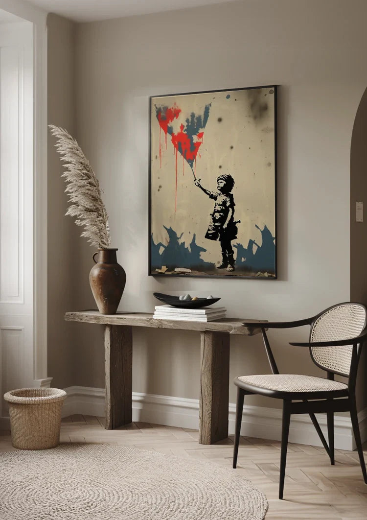 Child with Red Kite Banksy Style Street Art Painting