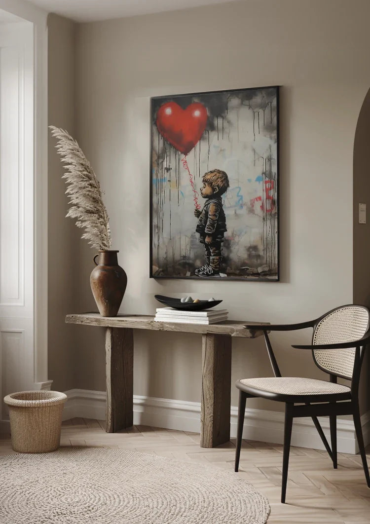 Boy with Red Heart Balloon Banksy Style Realistic Painting