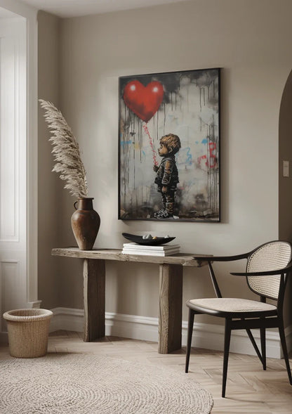 Boy with Red Heart Balloon Banksy Style Realistic Painting
