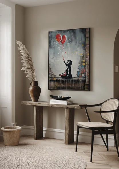 Child with Two Red Heart Balloons Banksy Style Painting