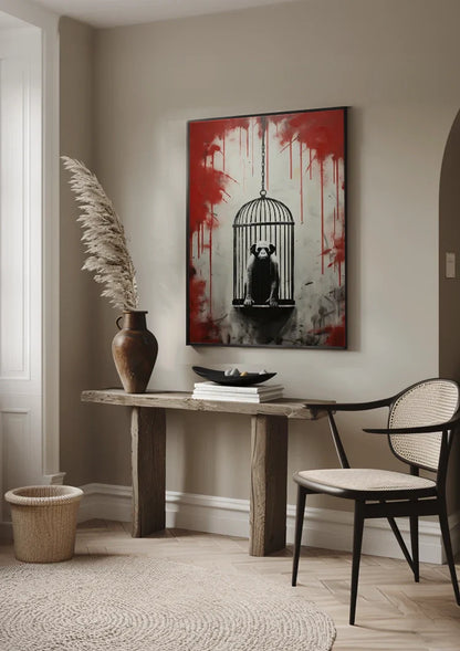 Monkey in Hanging Cage with Red Paint Drips Street Art Painting