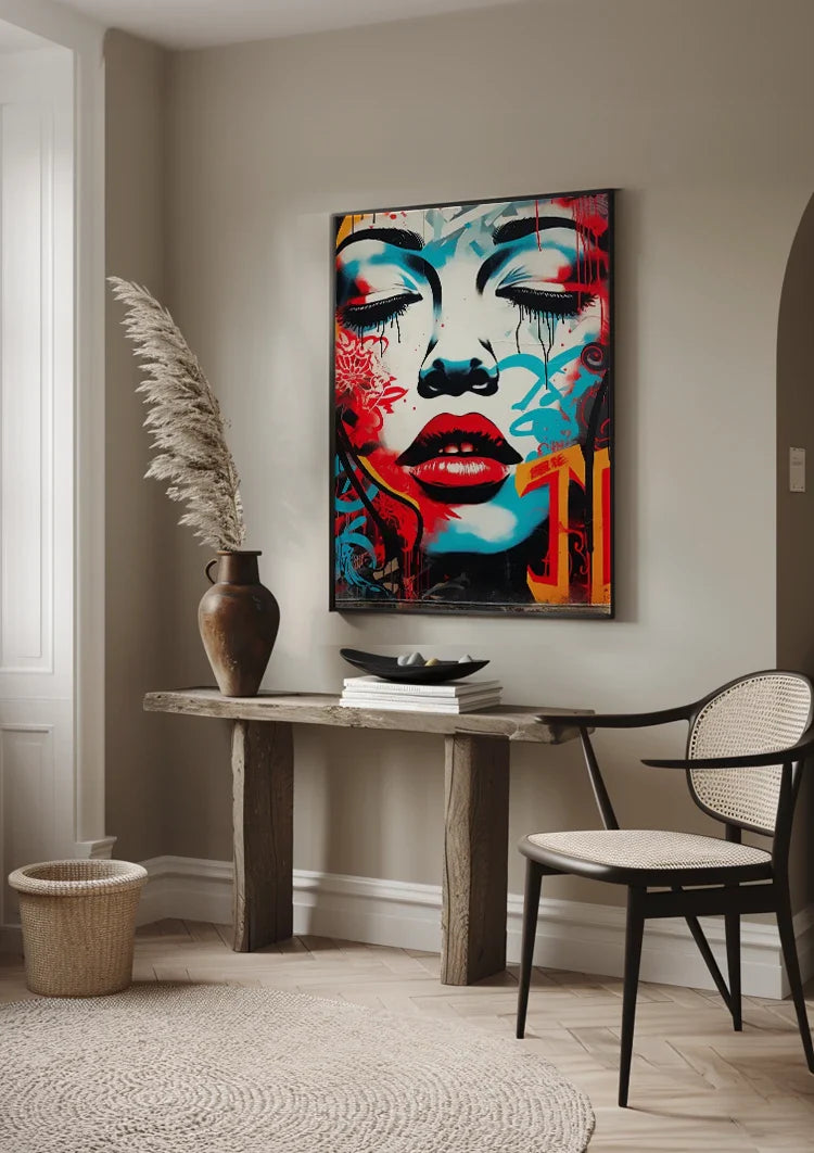 Woman's Face with Red Lips and Blue Tones Pop Art Painting