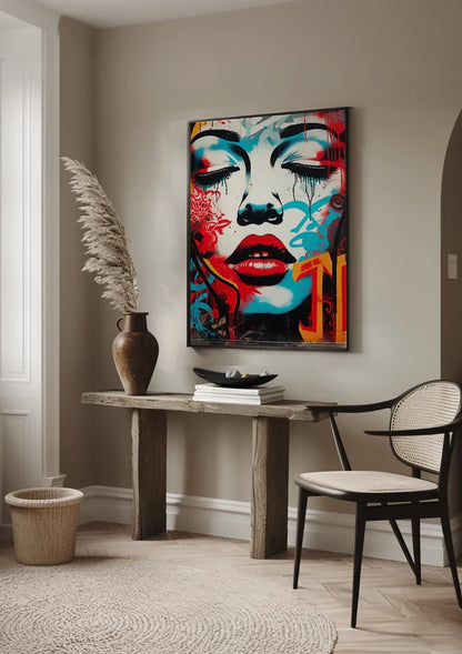 Woman's Face with Red Lips and Blue Tones Pop Art Painting