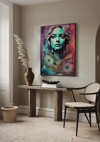 Woman with Dollar Bills Colorful Pop Art Painting