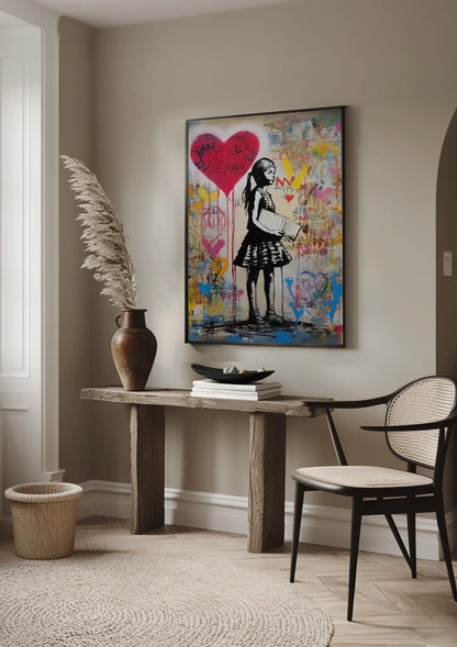 Girl with Red Heart Balloon on Colorful Graffiti Background Painting