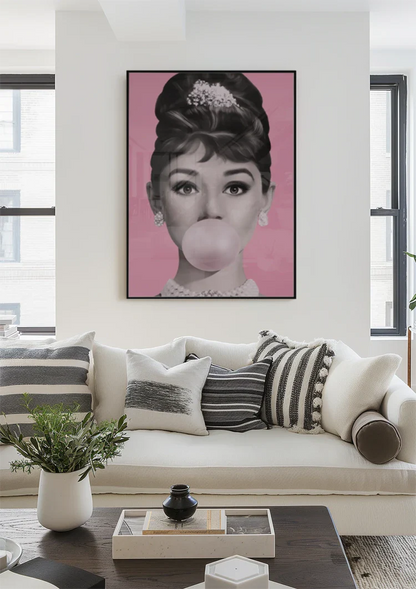 Rosa Kaugummi-Dame Elegante Hochsteckfrisur Pop-Art-Porträtgemälde