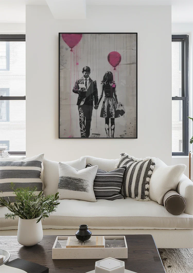 Man and Woman with Pink Balloons Graffiti Street Art Painting