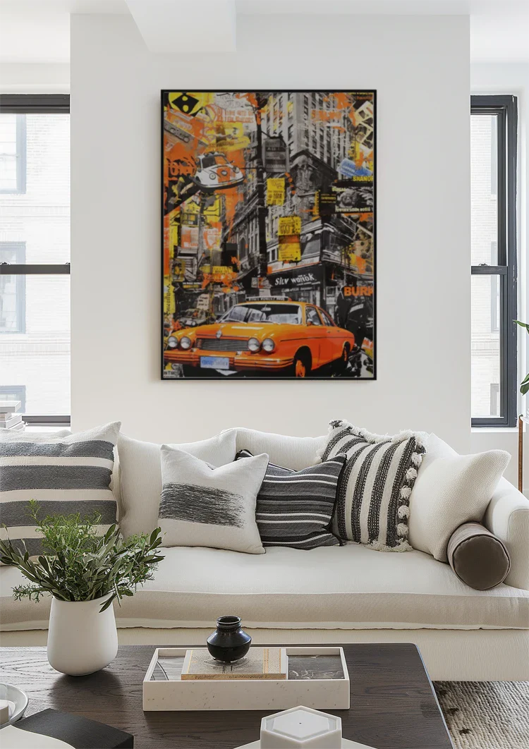 Orange Vintage Car Street Scene Pop Art Painting