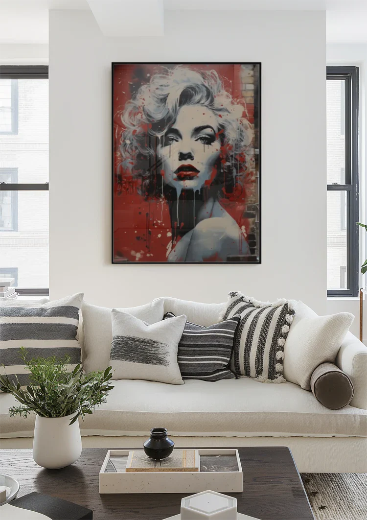 Black and White Female Portrait Red Lips Pop Art Painting