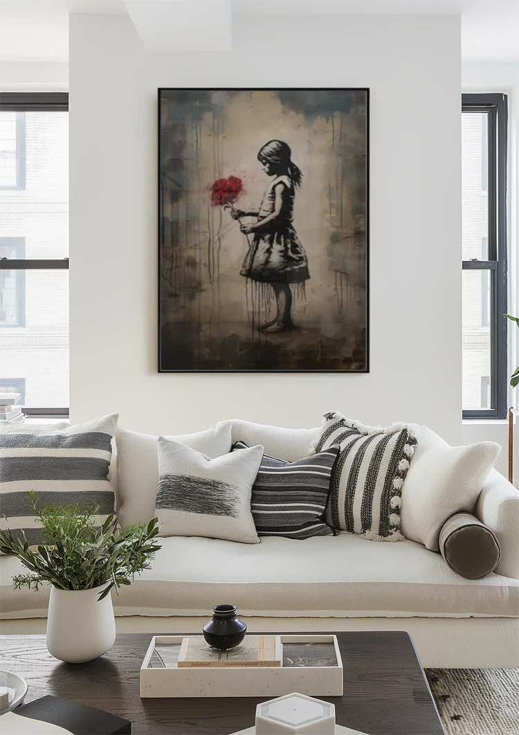 Girl Silhouette with Red Bouquet Street Art Style Painting