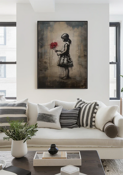 Girl Silhouette with Red Bouquet Street Art Style Painting