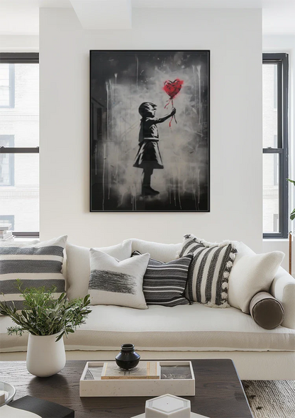 Girl Reaching for Red Heart Balloon Street Art Painting