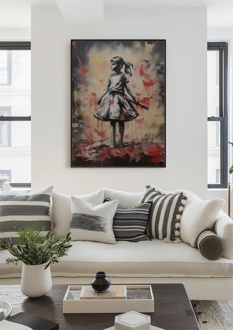 Girl with Red Butterflies Graffiti Street Art Painting