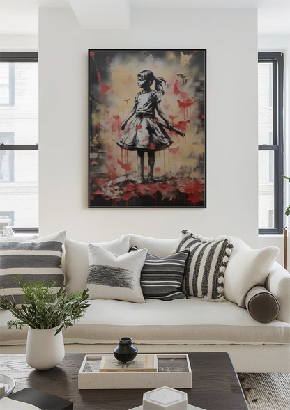 Girl with Red Butterflies Graffiti Street Art Painting