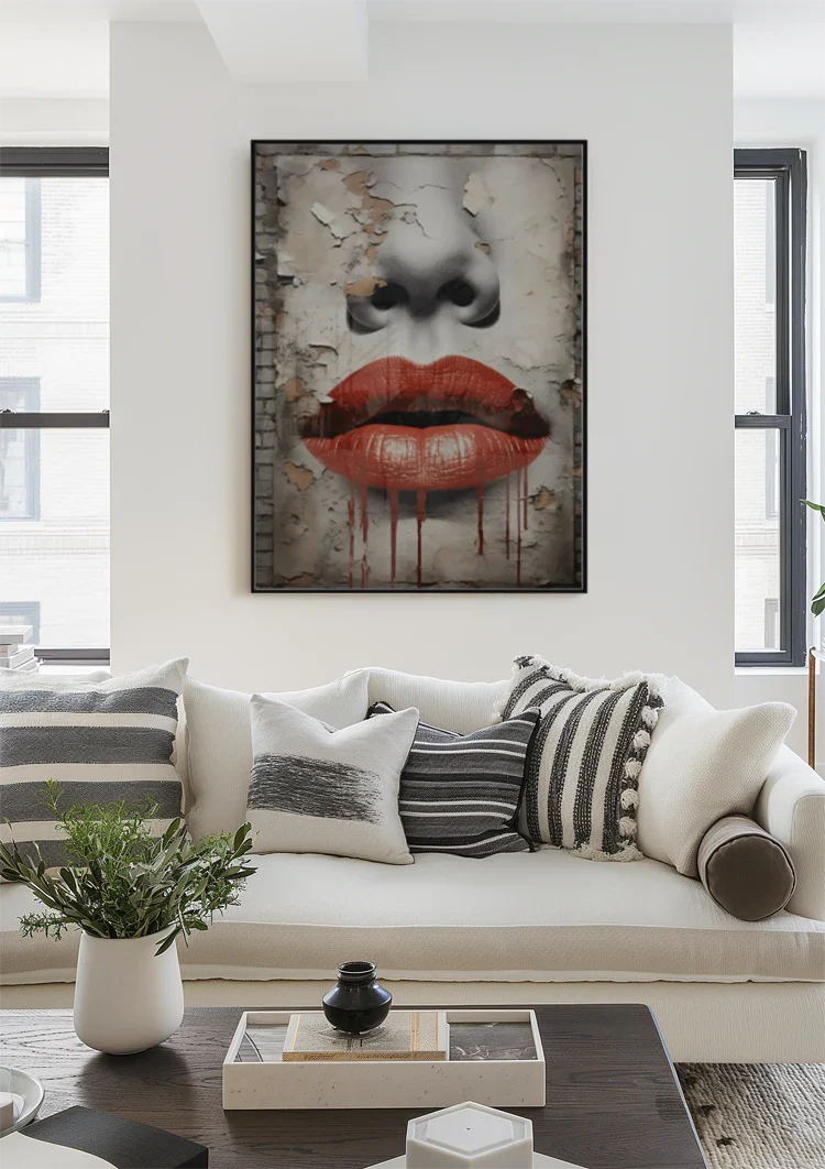 Rote Lippen Tropfendes Street-Art-Gesicht Verwitterte Mauer Grunge-Gemälde
