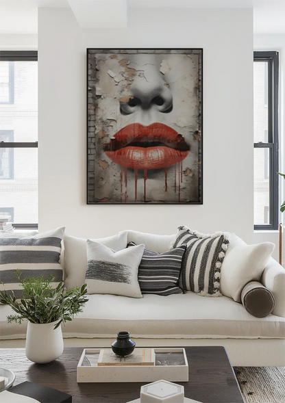 Rote Lippen Tropfendes Street-Art-Gesicht Verwitterte Mauer Grunge-Gemälde