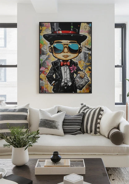 Dapper Man Black Suit Top Hat Sunglasses Newspaper Pop Art Painting
