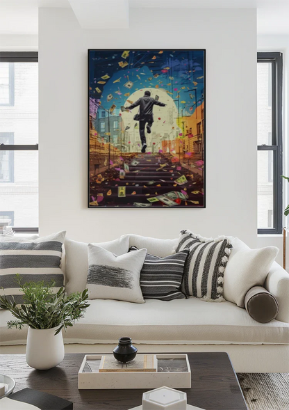 Happy Man Suit Stair Raining Banknotes Pop Art Painting
