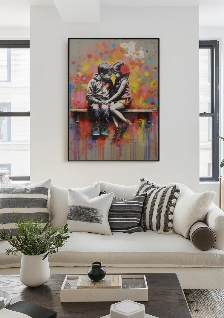 Twee Kinderen op een Bankje Kleurrijk Schilderij