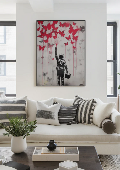 Junge mit roten Schmetterlingen Street Art Silhouettenbild