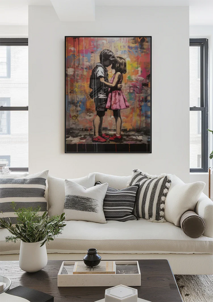 Two Children Together Colorful Street Art Painting