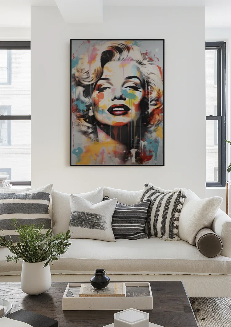 Iconic Woman Portrait Colorful Paint Splatters Pop Art Painting