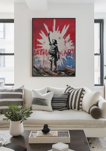 Child with Arm Up Stencil on Red Background Painting