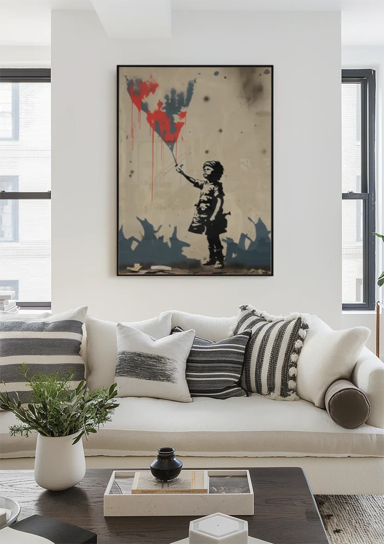 Child with Red Kite Banksy Style Street Art Painting