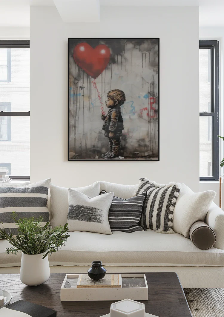 Boy with Red Heart Balloon Banksy Style Realistic Painting