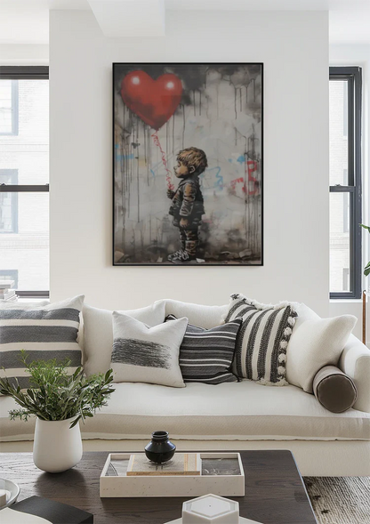 Boy with Red Heart Balloon Banksy Style Realistic Painting