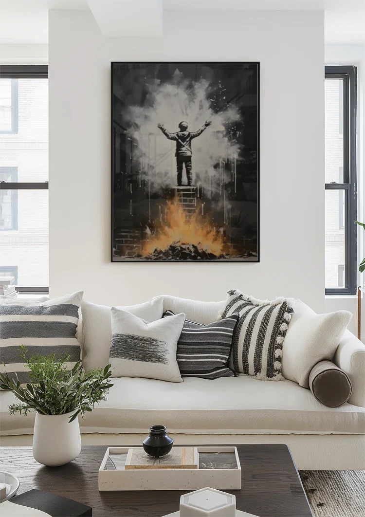 Figure on Ladder with Arms Up Over Flames Street Art Painting