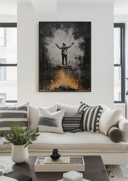 Figure on Ladder with Arms Up Over Flames Street Art Painting
