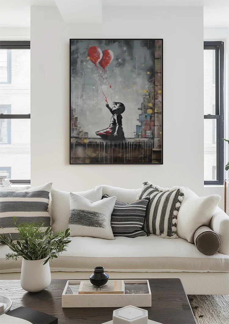 Child with Two Red Heart Balloons Banksy Style Painting