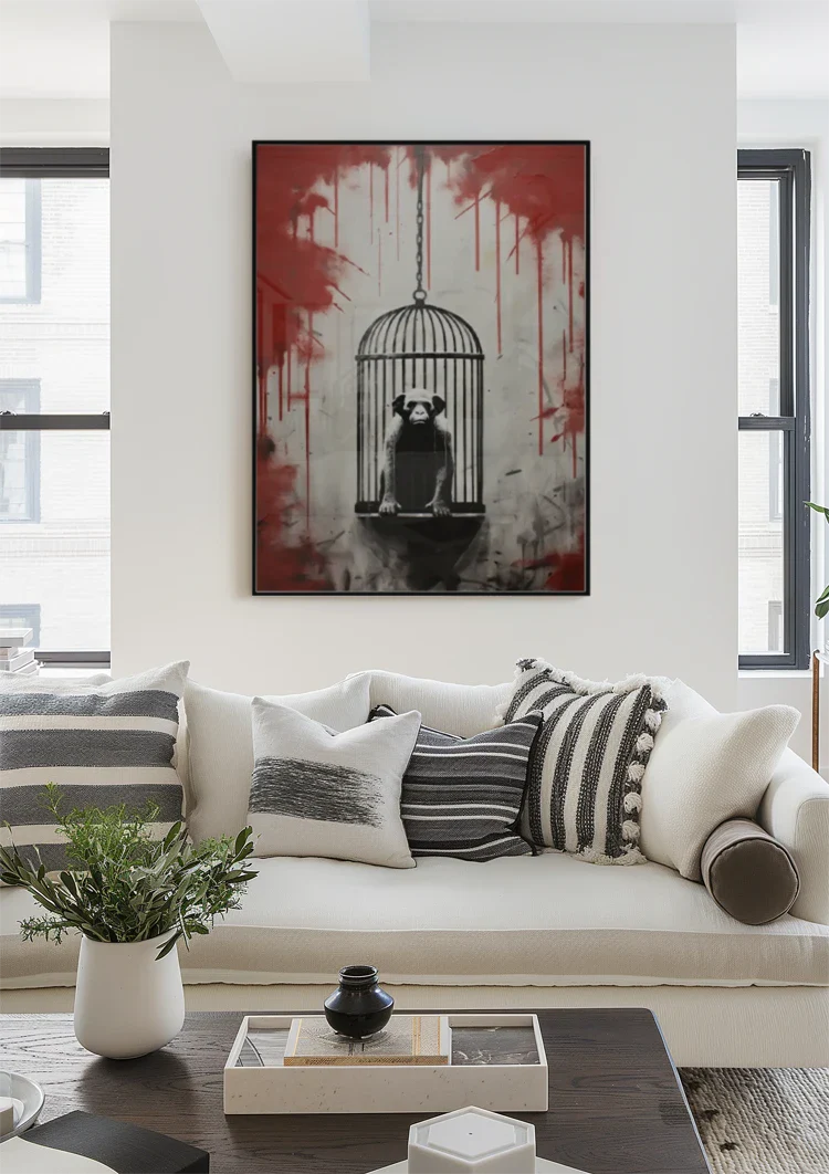 Monkey in Hanging Cage with Red Paint Drips Street Art Painting