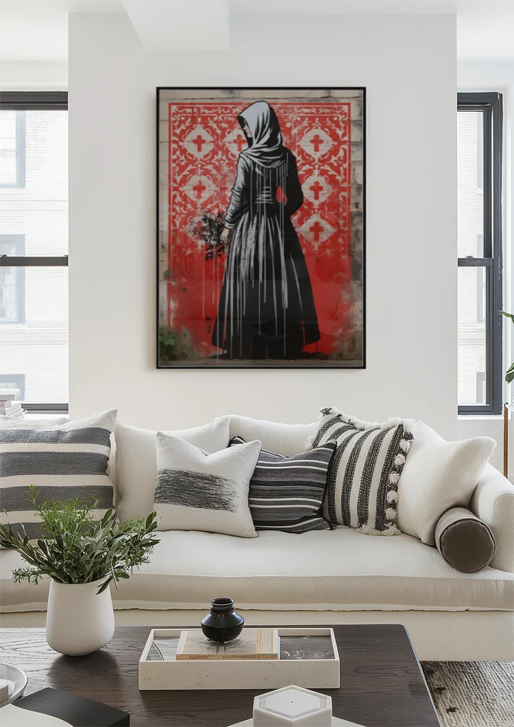 Figuur in Zwarte Mantel met Bloemen op Rode Achtergrond Schilderij