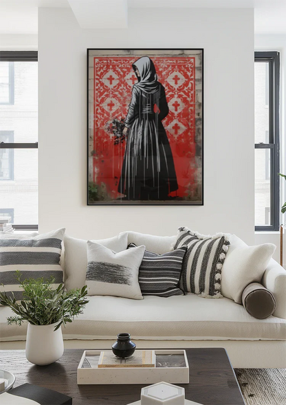 Figuur in Zwarte Mantel met Bloemen op Rode Achtergrond Schilderij