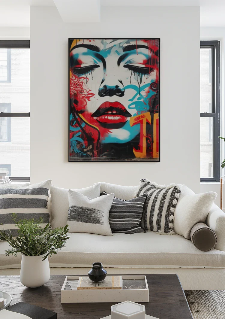 Woman's Face with Red Lips and Blue Tones Pop Art Painting