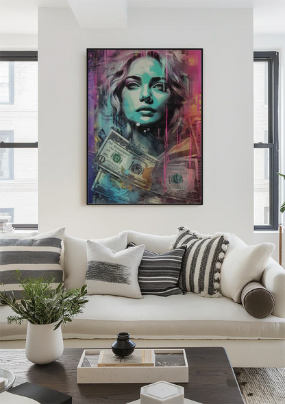 Woman with Dollar Bills Colorful Pop Art Painting