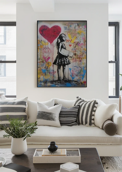 Girl with Red Heart Balloon on Colorful Graffiti Background Painting