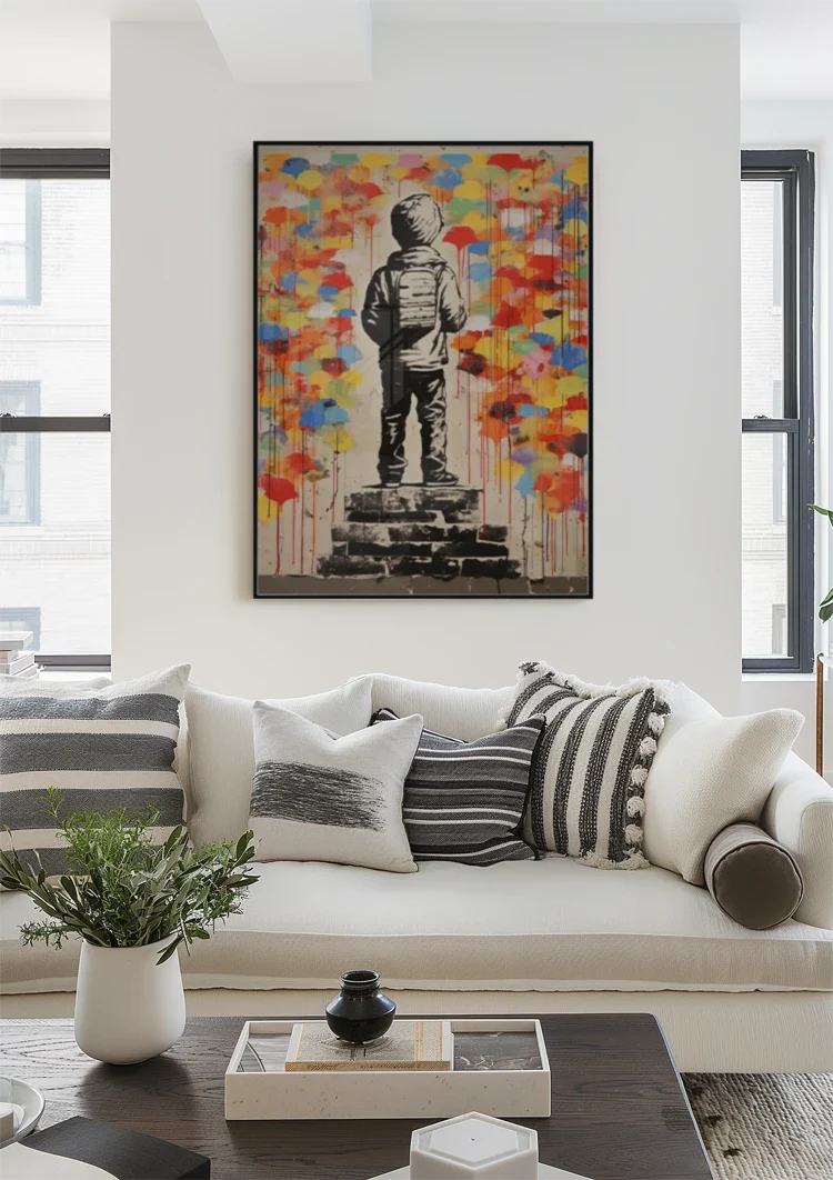Child With Backpack Colorful Paint Drips Banksy Style Urban Street Art Painting