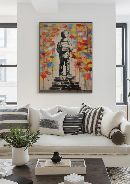 Child With Backpack Colorful Paint Drips Banksy Style Urban Street Art Painting