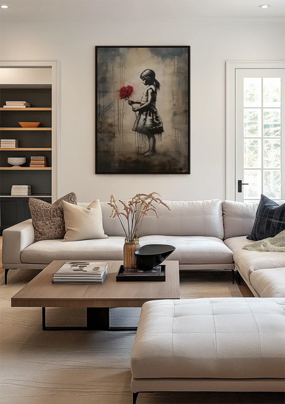 Girl Silhouette with Red Bouquet Street Art Style Painting