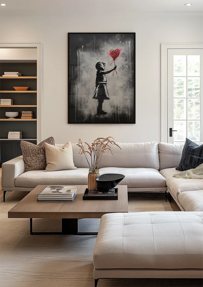 Girl Reaching for Red Heart Balloon Street Art Painting