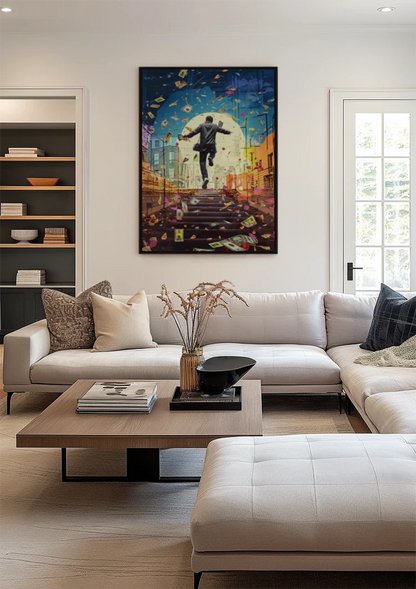 Happy Man Suit Stair Raining Banknotes Pop Art Painting