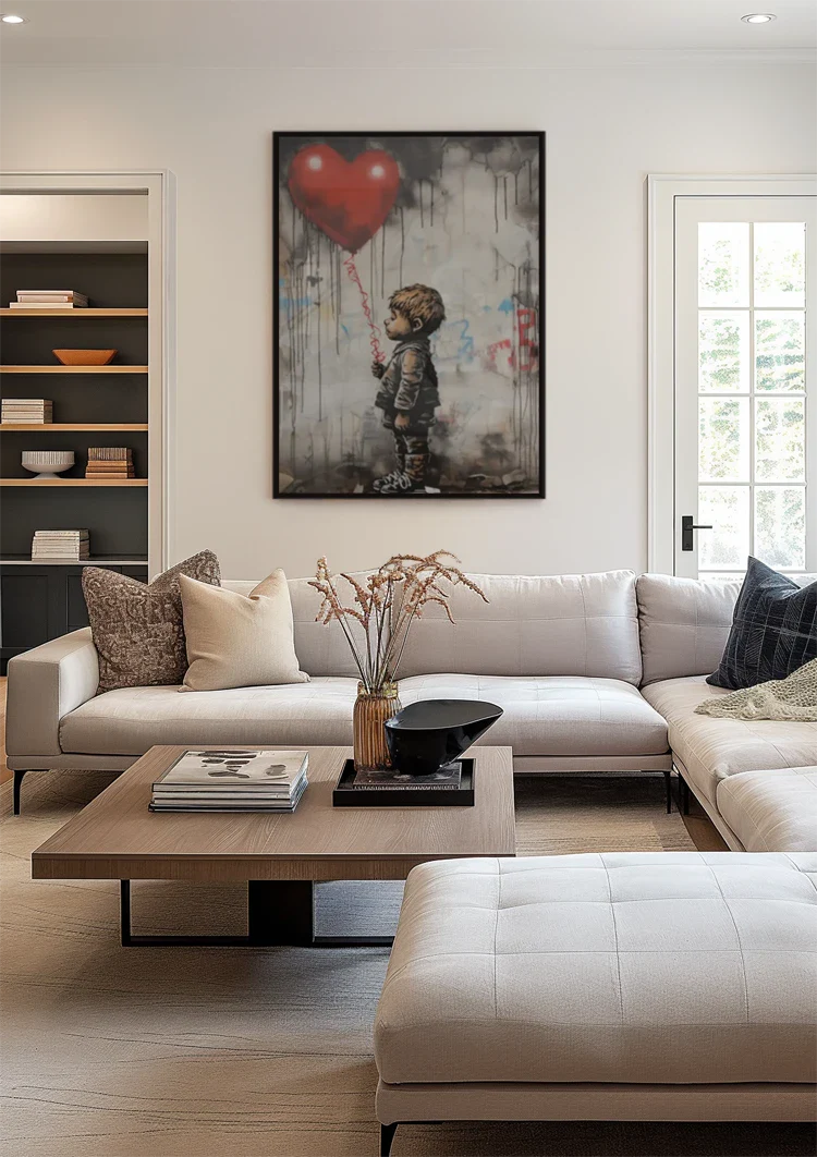 Boy with Red Heart Balloon Banksy Style Realistic Painting