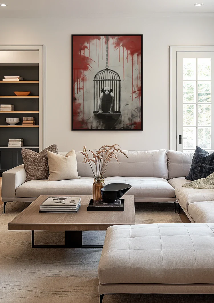 Monkey in Hanging Cage with Red Paint Drips Street Art Painting