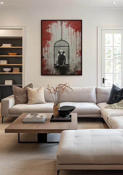 Monkey in Hanging Cage with Red Paint Drips Street Art Painting