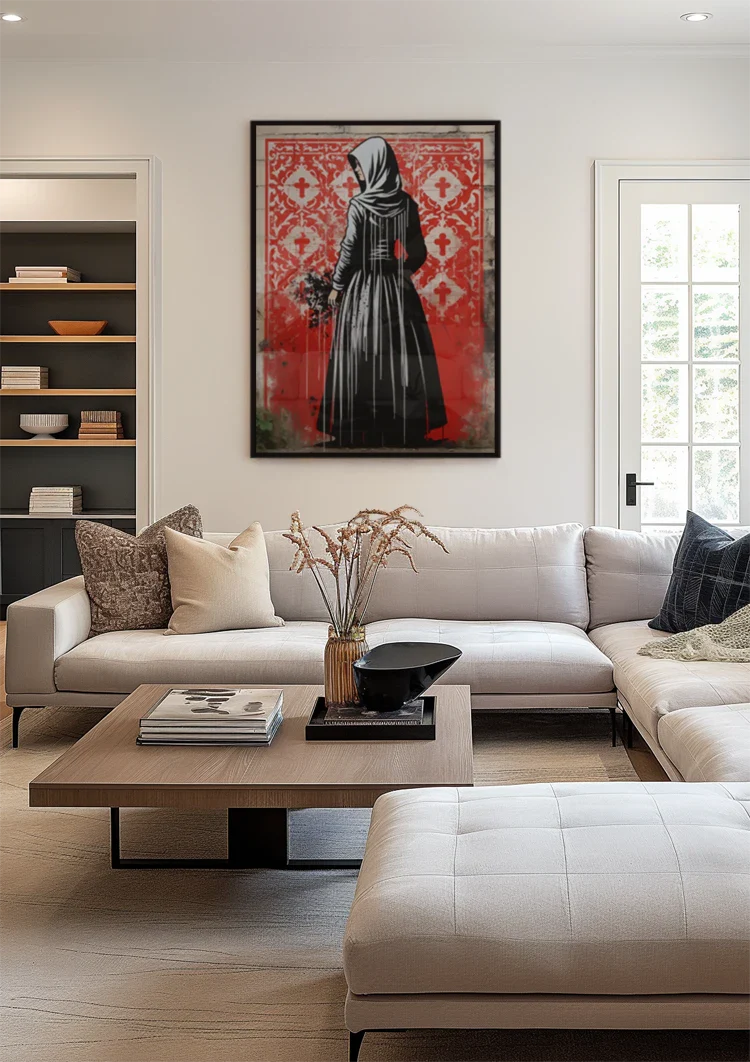 Figuur in Zwarte Mantel met Bloemen op Rode Achtergrond Schilderij