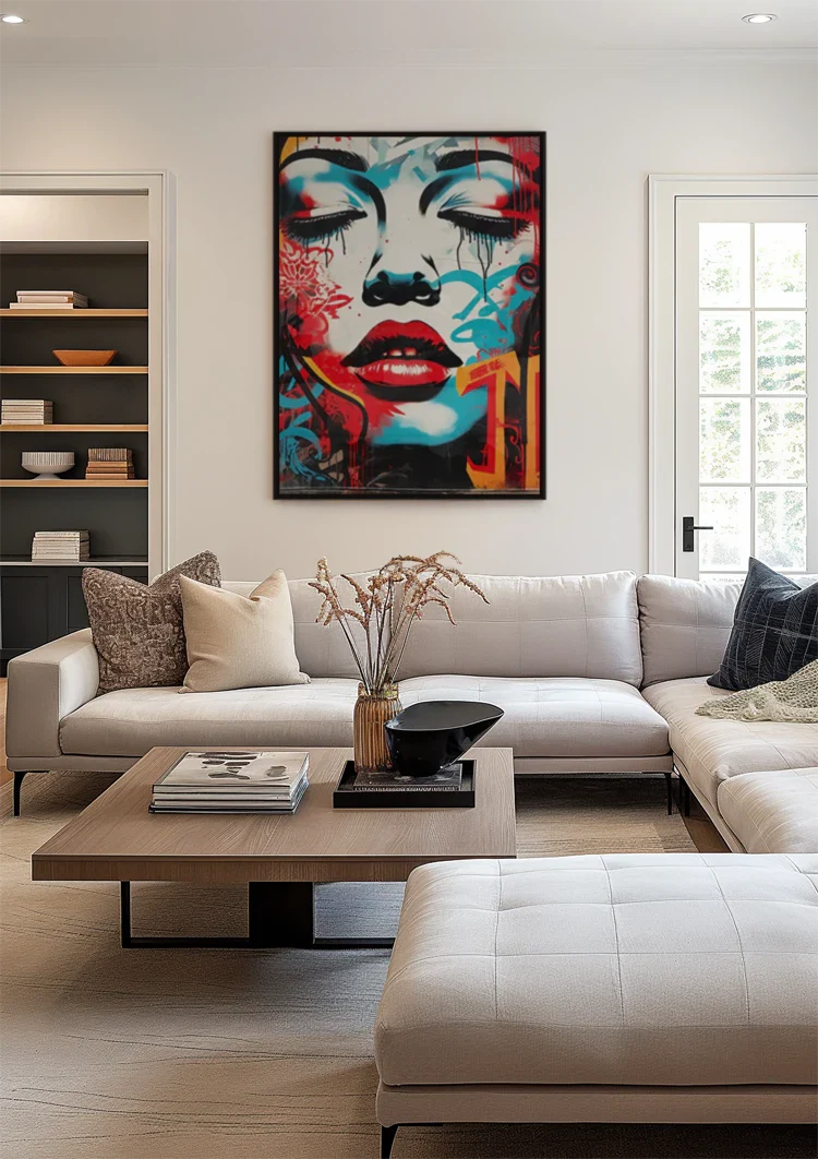 Woman's Face with Red Lips and Blue Tones Pop Art Painting